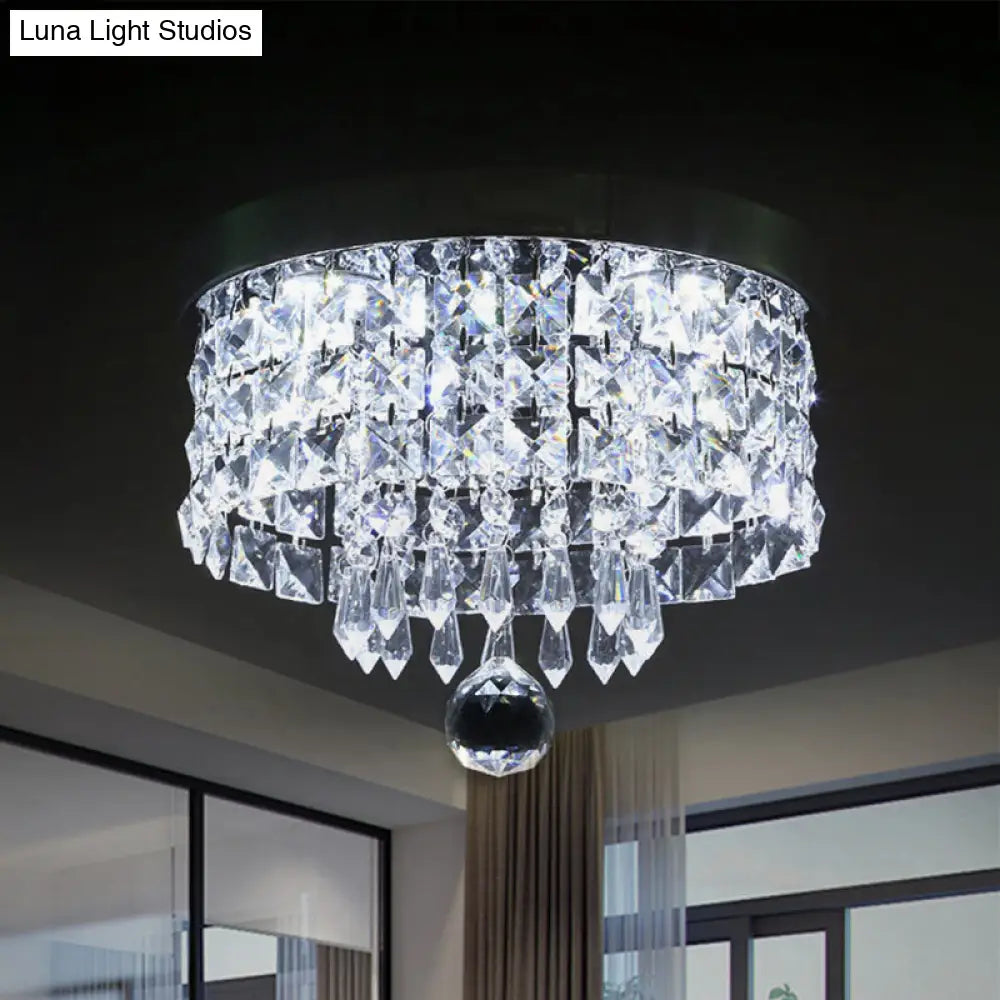Glamorous Crystal Drum Ceiling Light In Chrome - Flush Mount Fixture Clear / 10 White