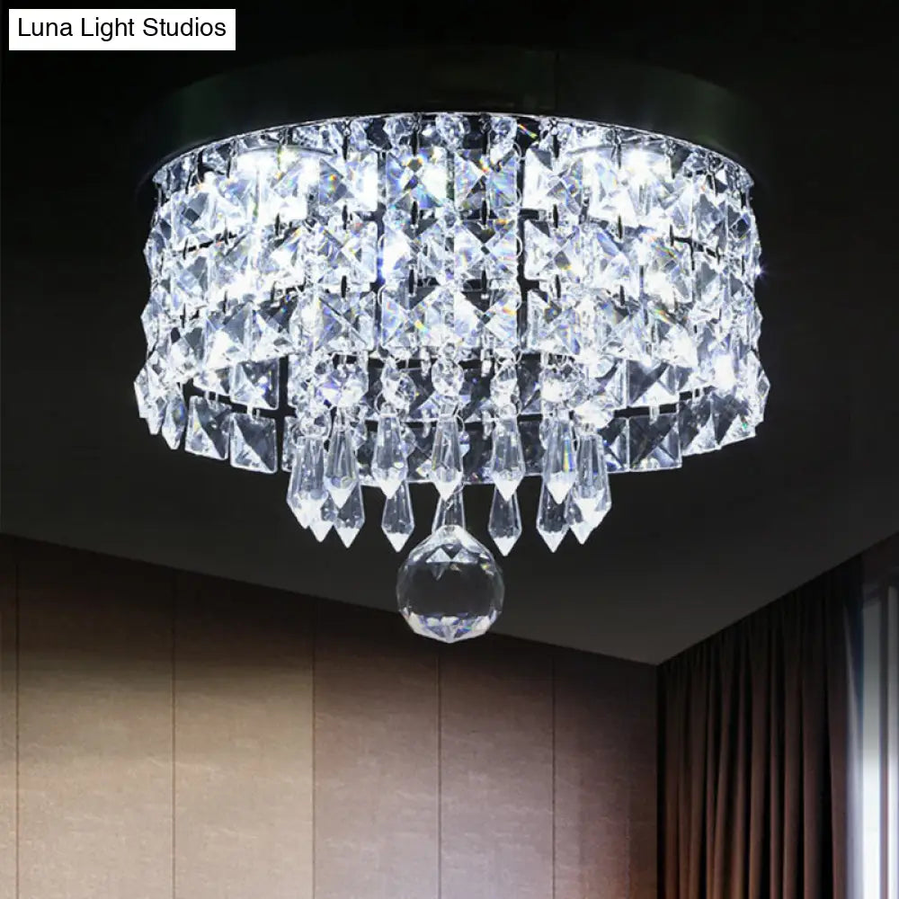 Glamorous Crystal Drum Ceiling Light In Chrome - Flush Mount Fixture