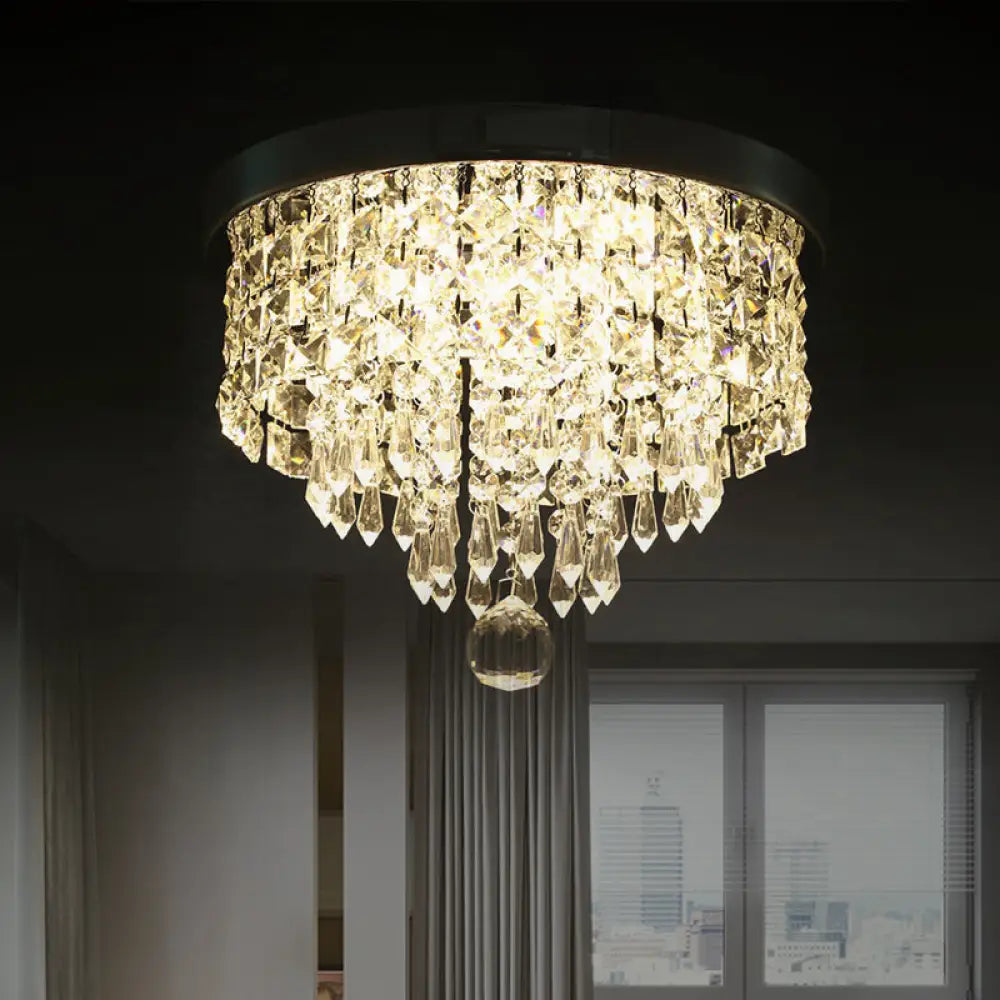 Glamorous Crystal Drum Ceiling Light In Chrome - Flush Mount Fixture Clear / 12’ Warm