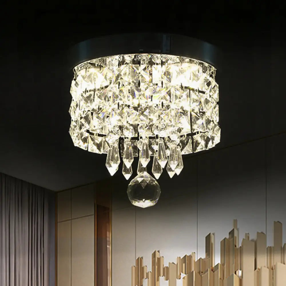 Glamorous Crystal Drum Ceiling Light In Chrome - Flush Mount Fixture Clear / 8’ White