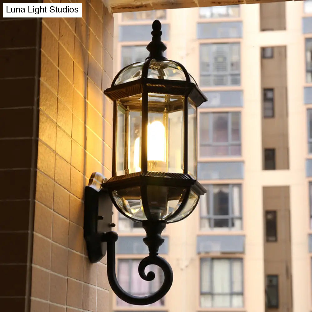 Glass Birdcage Wall Sconce: 1-Bulb Outdoor Light In Black/Brass