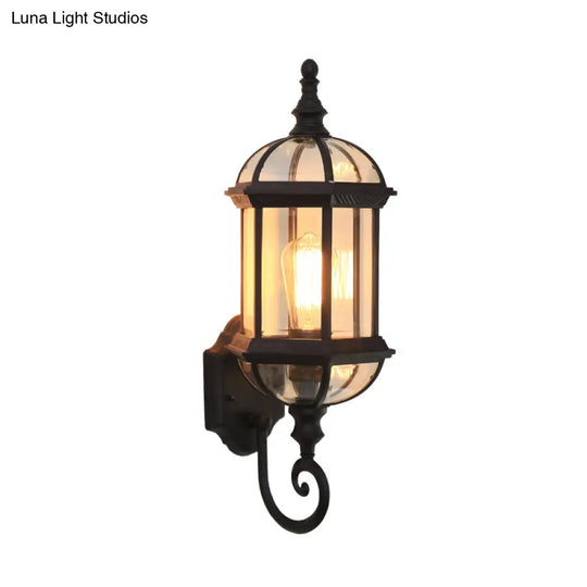 Glass Birdcage Wall Sconce: 1-Bulb Outdoor Light In Black/Brass