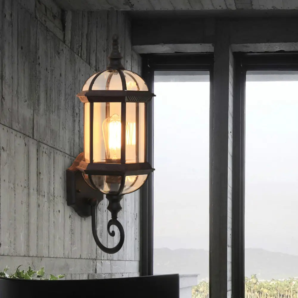 Glass Birdcage Wall Sconce: 1-Bulb Outdoor Light In Black/Brass Black