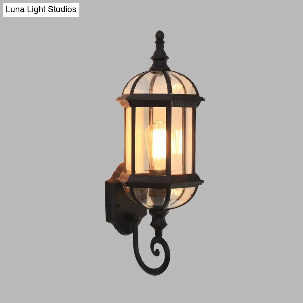 Glass Birdcage Wall Sconce: 1-Bulb Outdoor Light In Black/Brass