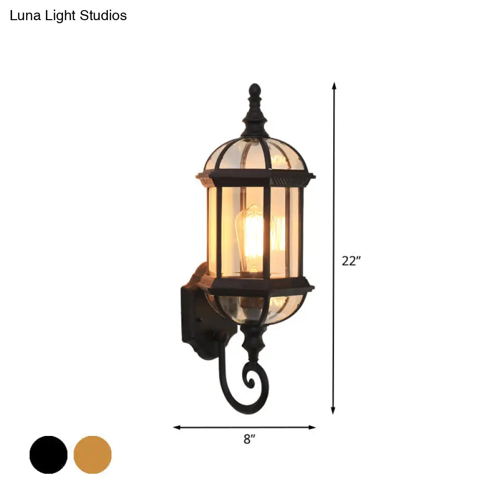 Glass Birdcage Wall Sconce: 1-Bulb Outdoor Light In Black/Brass