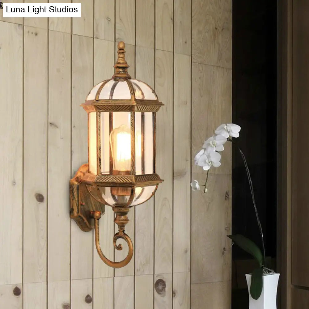 Glass Birdcage Wall Sconce: 1-Bulb Outdoor Light In Black/Brass