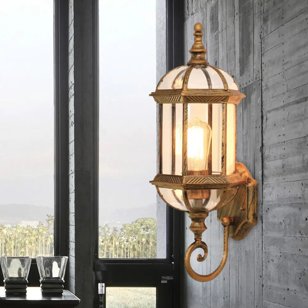 Glass Birdcage Wall Sconce: 1-Bulb Outdoor Light In Black/Brass Brass