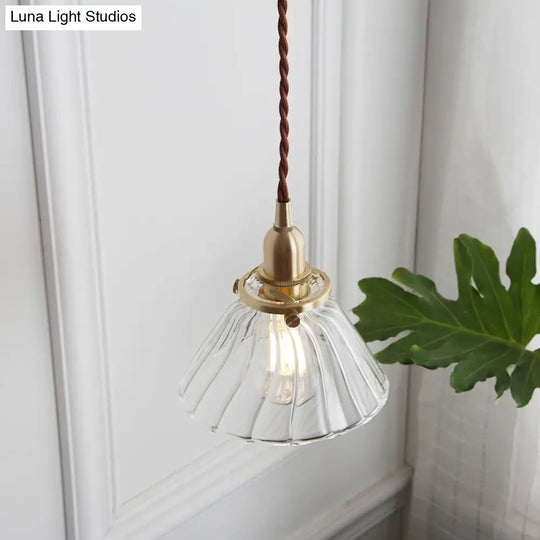 Glass Brass Pendant Lamp - Rustic Cone Design With Clear Sleek/Ribbed Finish 1 Light Down Lighting