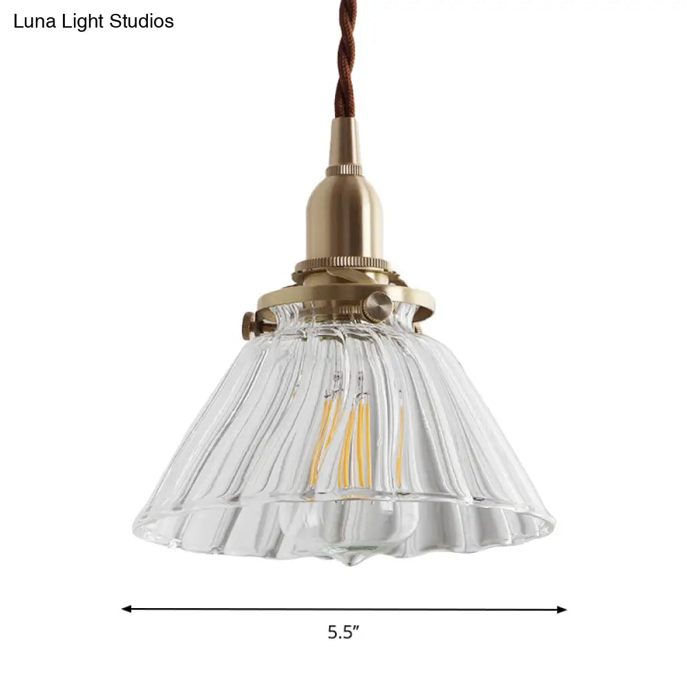 Glass Brass Pendant Lamp - Rustic Cone Design With Clear Sleek/Ribbed Finish 1 Light Down Lighting
