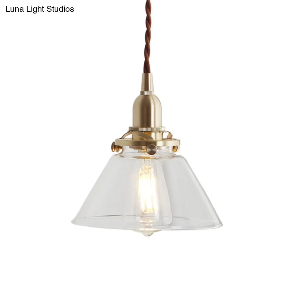 Clear Sleek Glass Brass Pendant Lamp - Rustic Cone 1-Light Down Lighting For Dining Room