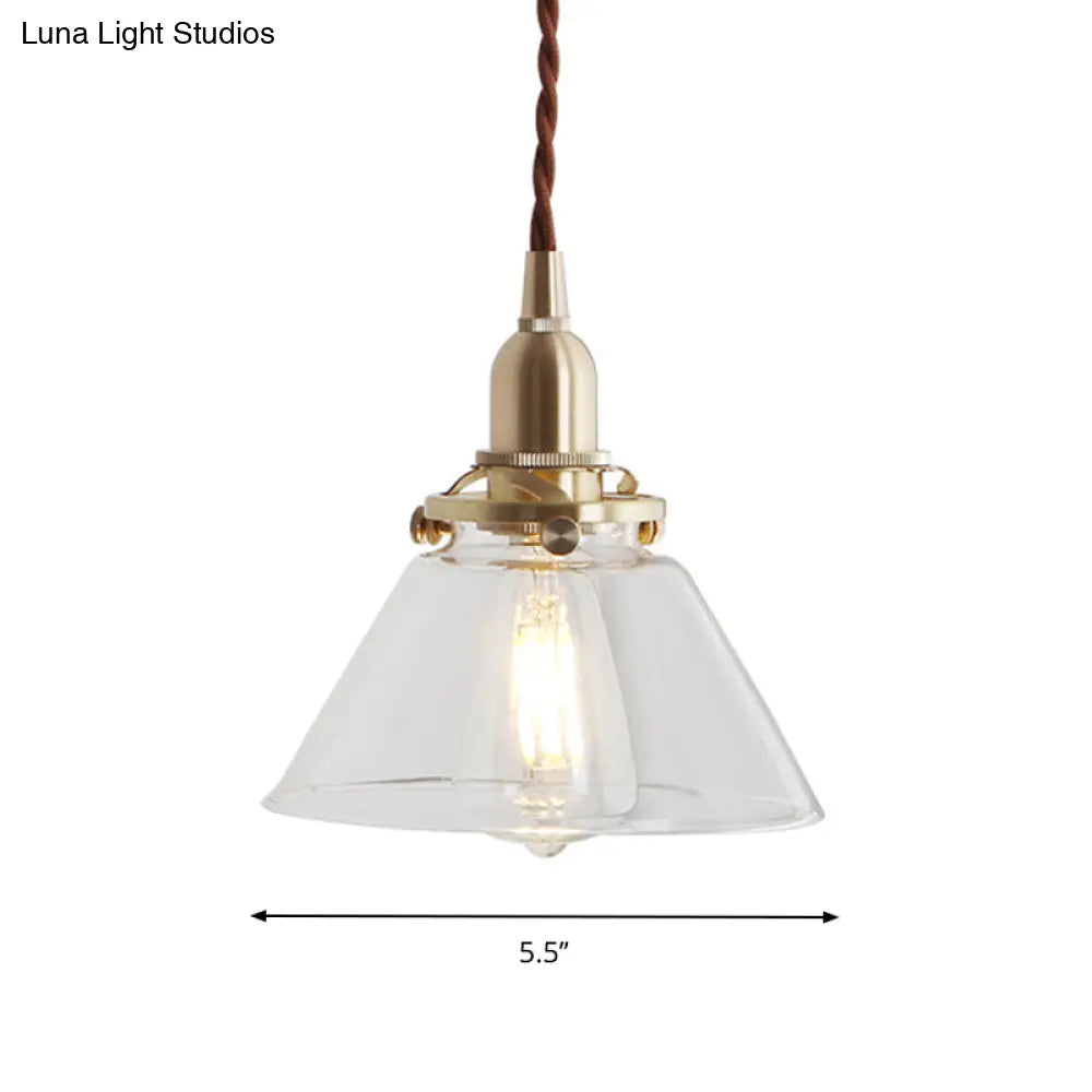 Glass Brass Pendant Lamp - Rustic Cone Design With Clear Sleek/Ribbed Finish 1 Light Down Lighting