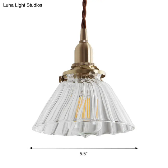 Clear Sleek Glass Brass Pendant Lamp - Rustic Cone 1-Light Down Lighting For Dining Room