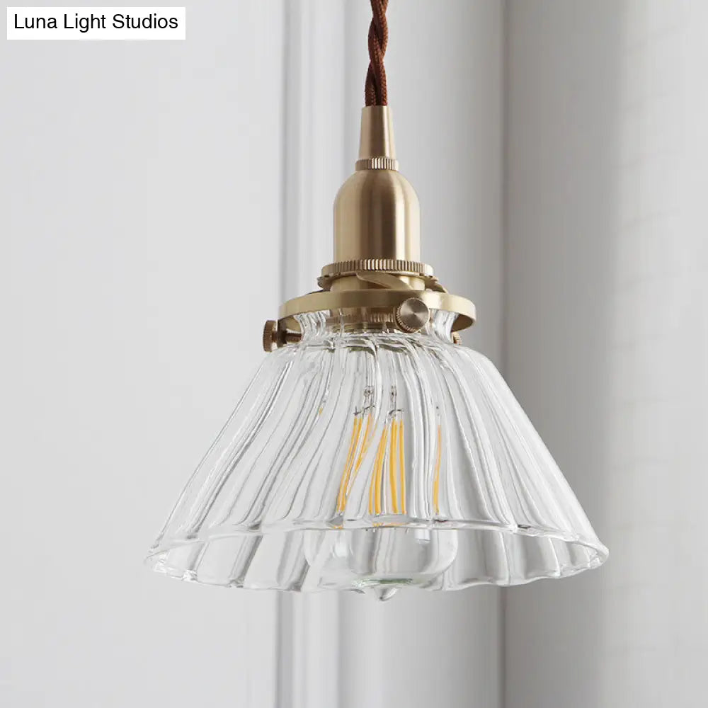 Clear Sleek Glass Brass Pendant Lamp - Rustic Cone 1-Light Down Lighting For Dining Room / A