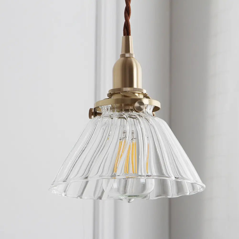 Glass Brass Pendant Lamp - Rustic Cone Design With Clear Sleek/Ribbed Finish 1 Light Down Lighting