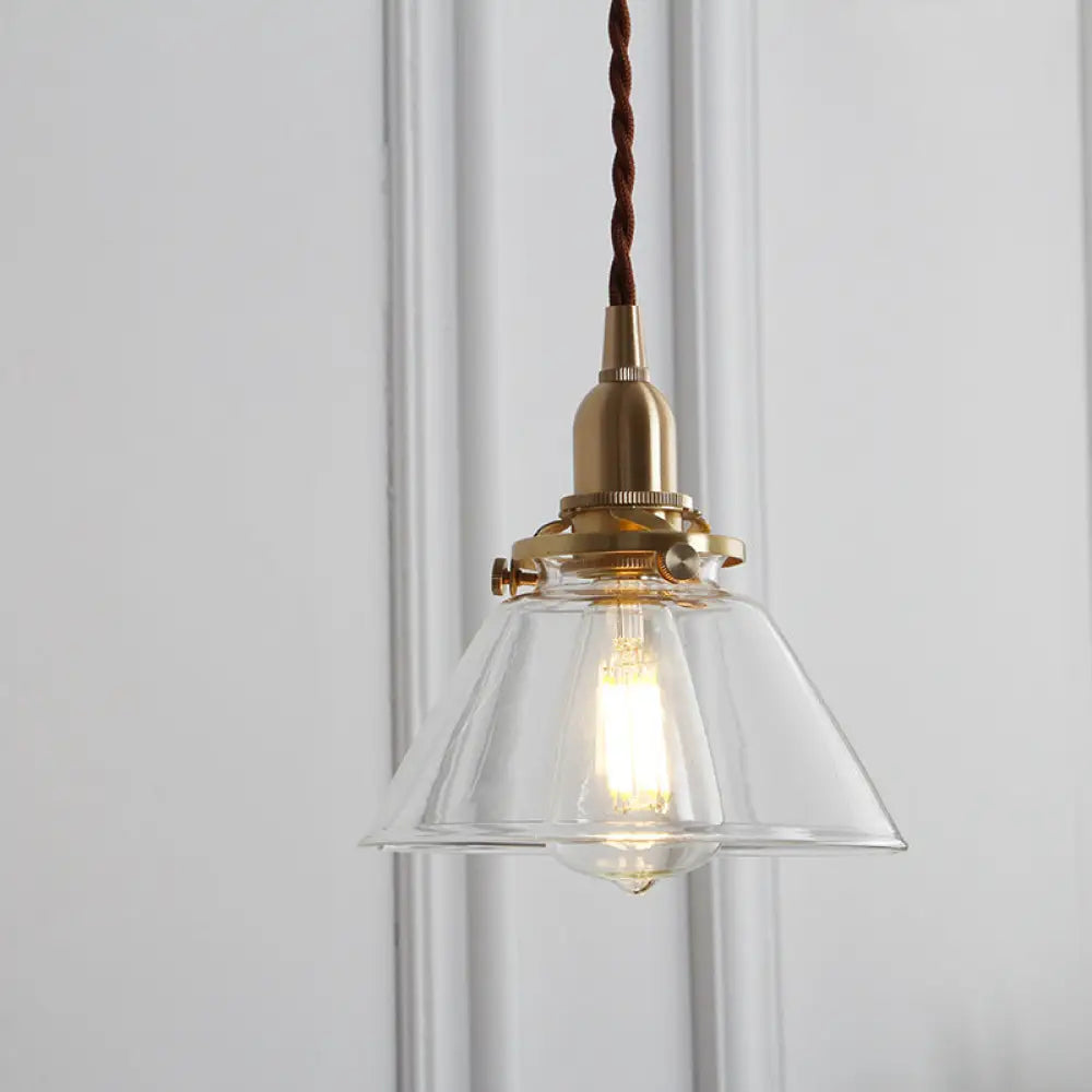 Glass Brass Pendant Lamp - Rustic Cone Design With Clear Sleek/Ribbed Finish 1 Light Down Lighting