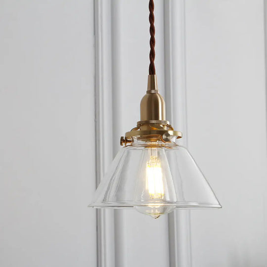 Glass Brass Pendant Lamp - Rustic Cone Design With Clear Sleek/Ribbed Finish 1 Light Down Lighting