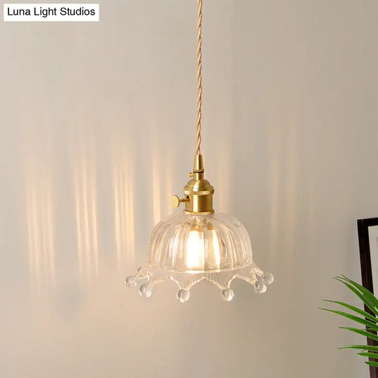 Brass Crown Pendulum Light: Clear Carved Glass Pendant Lamp For Kids Bedroom