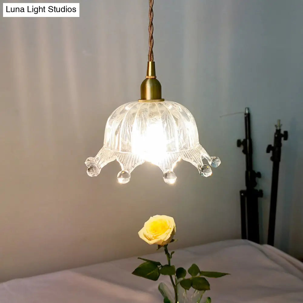 Brass Crown Pendulum Light: Clear Carved Glass Pendant Lamp For Kids Bedroom