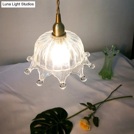 Brass Crown Pendulum Light: Clear Carved Glass Pendant Lamp For Kids Bedroom