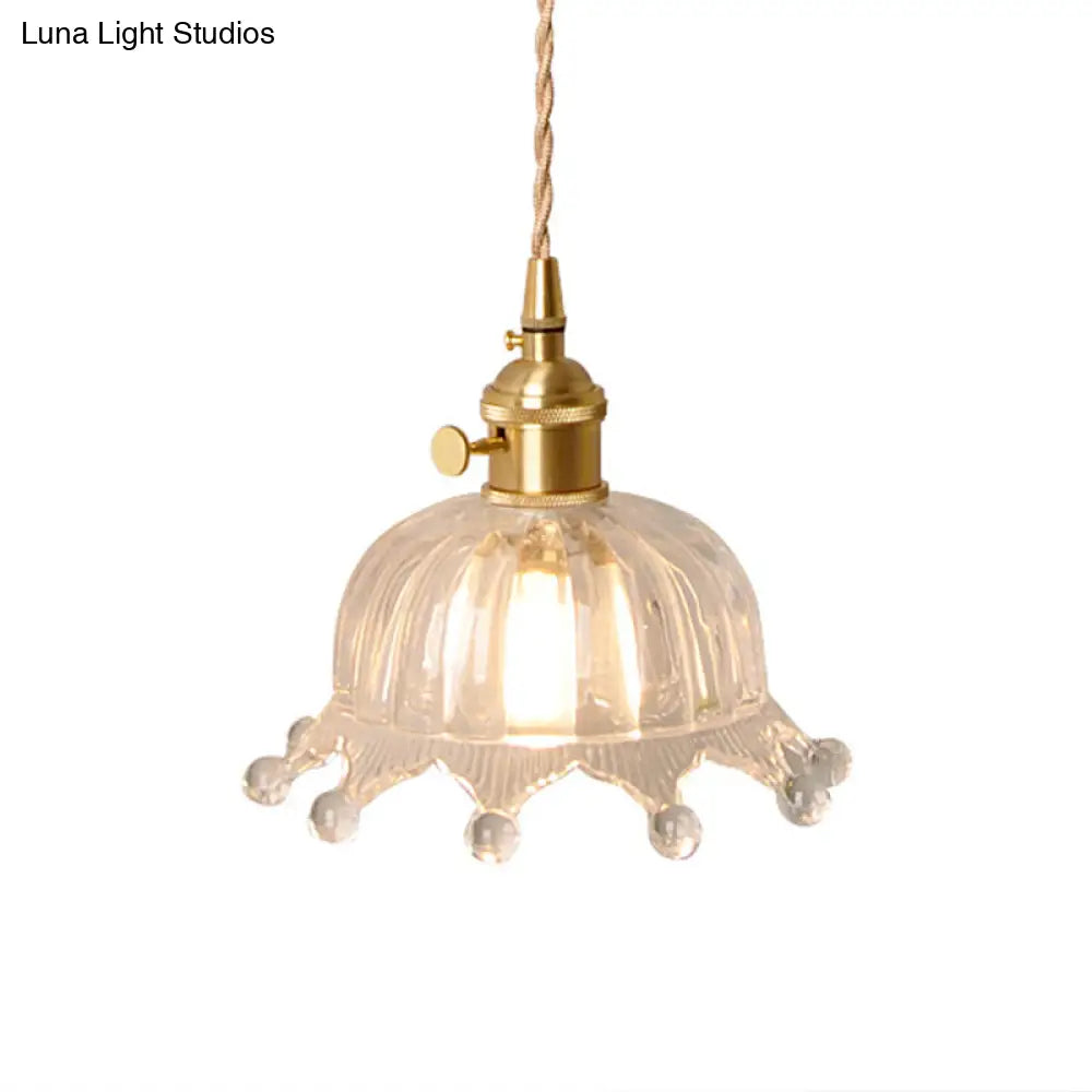 Brass Crown Pendulum Light: Clear Carved Glass Pendant Lamp For Kids Bedroom