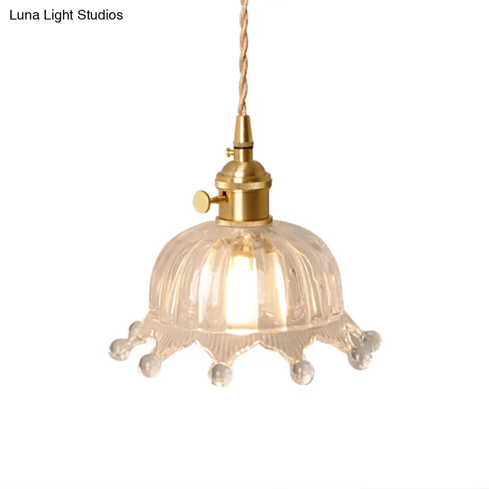 Glass Crown Pendant Lamp With Carved Design - Kids Bedroom Lighting In Brass