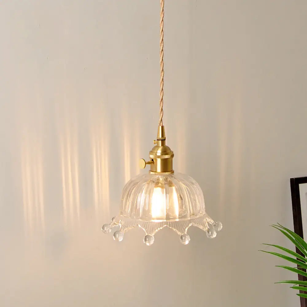 Glass Crown Pendant Lamp With Carved Design - Kids Bedroom Lighting In Brass Clear