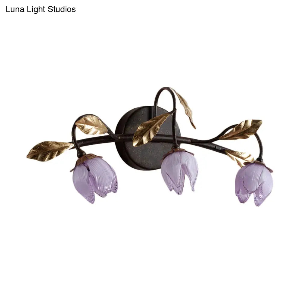 Glass Flowerbud Wall Sconce Light Fixture - Purple American Garden Design (3 Heads) For Bedroom