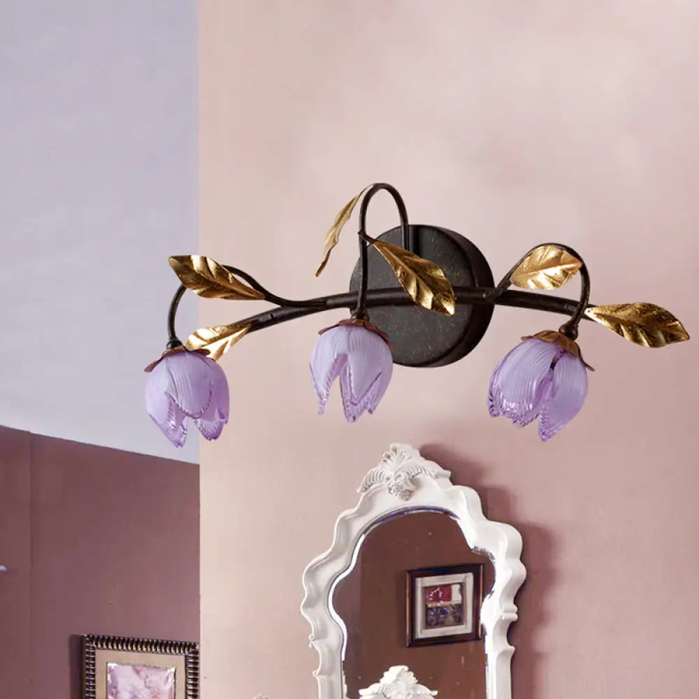 Glass Flowerbud Wall Sconce Light Fixture - Purple American Garden Design (3 Heads) For Bedroom