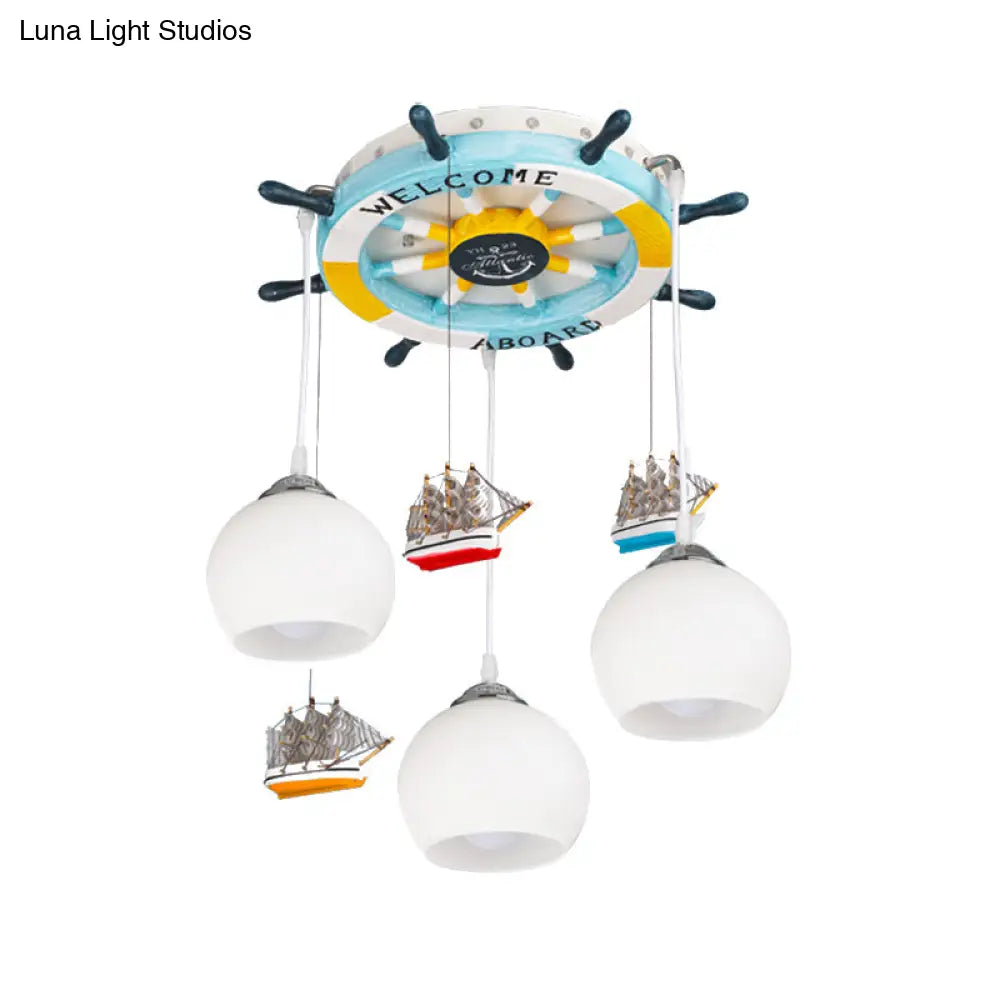 Glass Rudder Pendant Light - 3-Bulb Ceiling For Kids Room Cream/Dark Blue