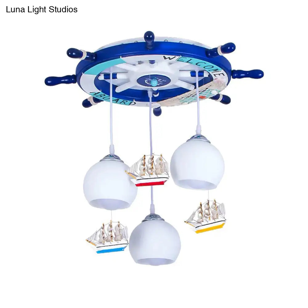 Glass Rudder Pendant Light - 3-Bulb Ceiling For Kids Room Cream/Dark Blue