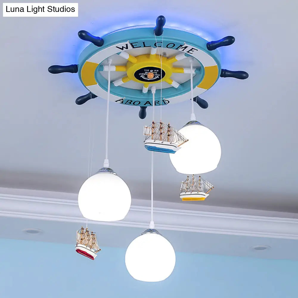 Glass Rudder Pendant Light - 3-Bulb Ceiling For Kids Room Cream/Dark Blue