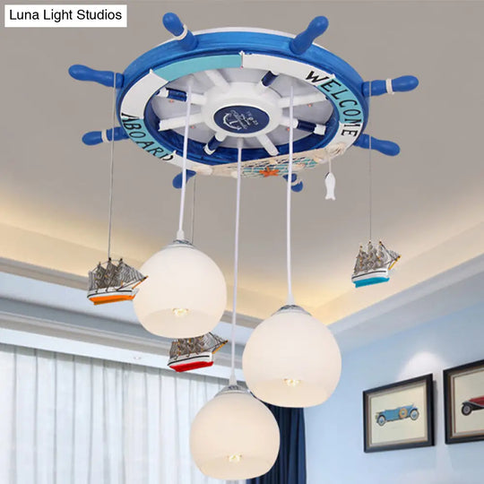 Glass Rudder Pendant Light - 3-Bulb Ceiling For Kids Room Cream/Dark Blue