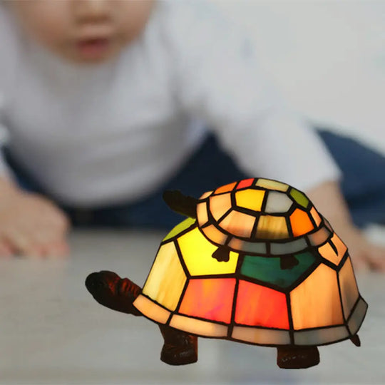 Glass Turtle Mom And Baby Table Lamp - Tiffany Style Nightstand Light For Bedroom Red