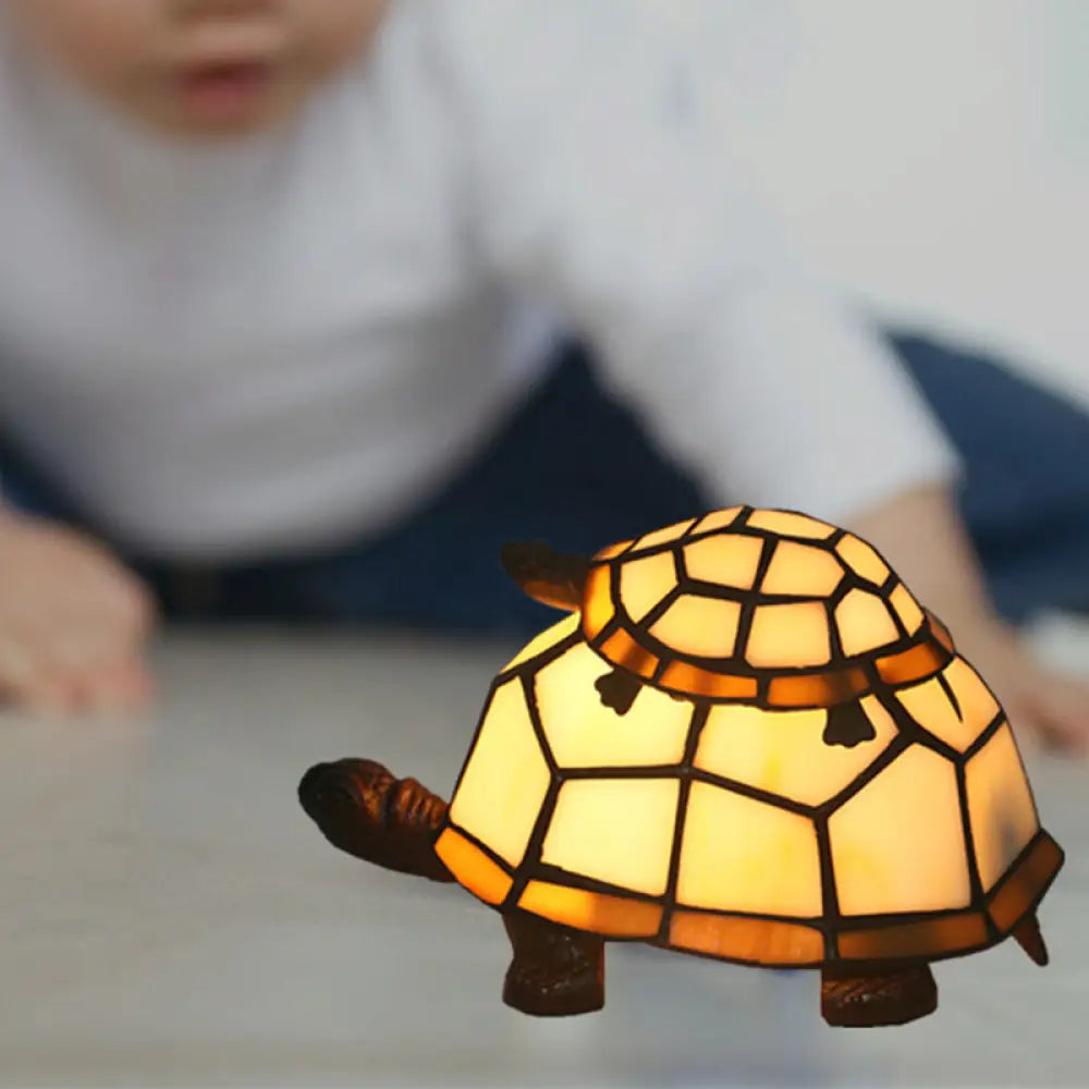 Glass Turtle Mom And Baby Table Lamp - Tiffany Style Nightstand Light For Bedroom White