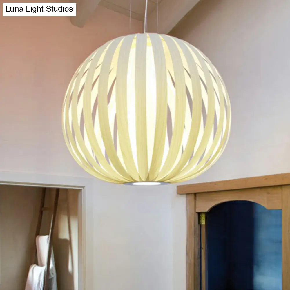 Global Asian Wood Veneer Pendant Lamp - 1 Head Suspension Lighting Fixture For Restaurants