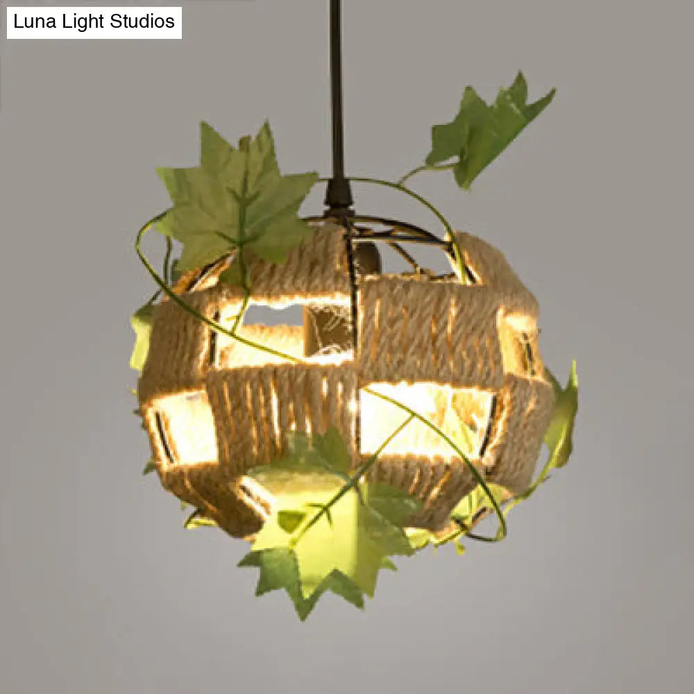 Rustic Globe Pendant Lamp For Restaurants - Beige Rope And Metal Hanging Light / 6.5