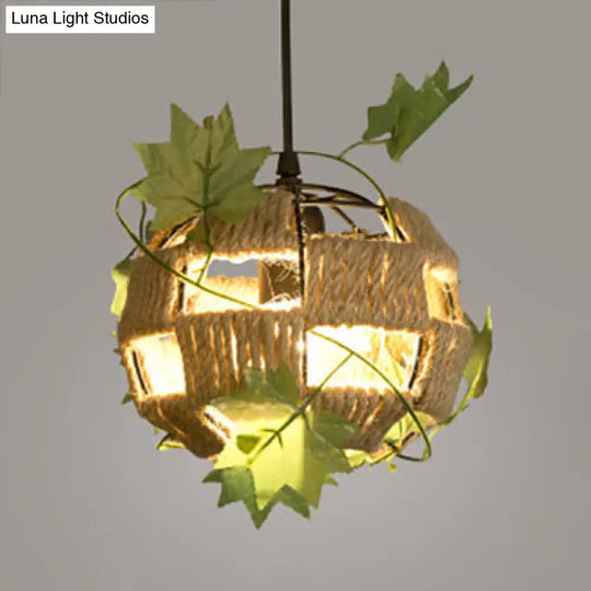 Rustic Globe Pendant Lamp For Restaurants - Beige Rope And Metal Hanging Light / 6.5