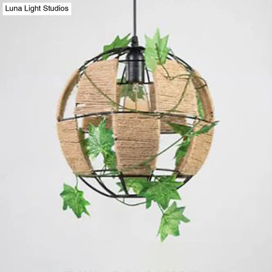 Global Cage Pendant Lamp With Rope And Metal 1 Head - Country Style Beige Hanging Light For