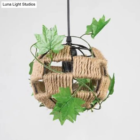 Global Cage Pendant Lamp With Rope And Metal 1 Head - Country Style Beige Hanging Light For