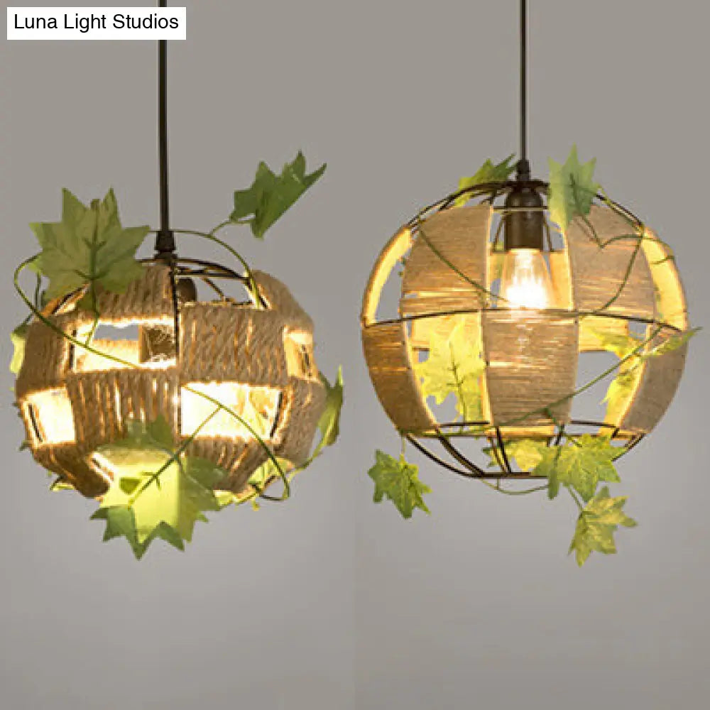 Rustic Globe Pendant Lamp For Restaurants - Beige Rope And Metal Hanging Light