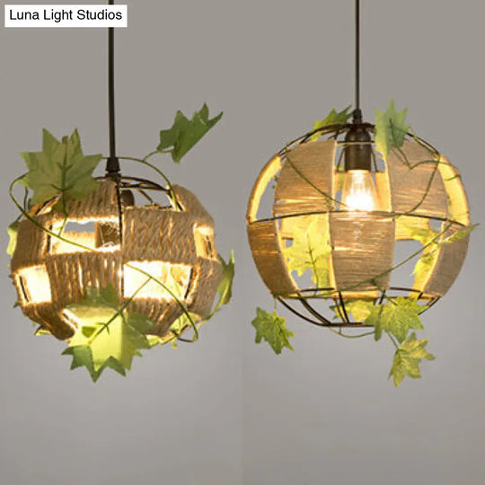 Rustic Globe Pendant Lamp For Restaurants - Beige Rope And Metal Hanging Light