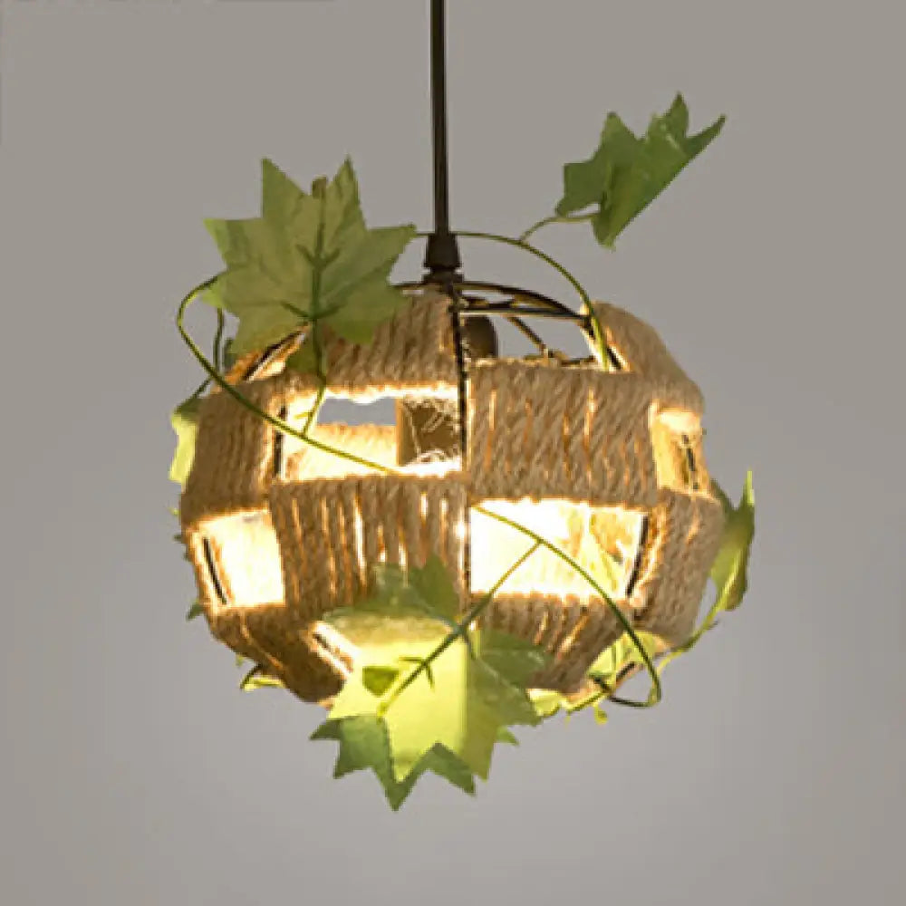 Global Cage Pendant Lamp With Rope And Metal 1 Head - Country Style Beige Hanging Light For