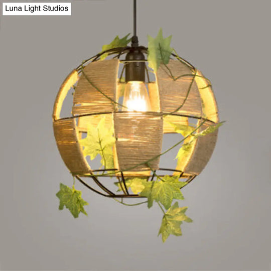 Rustic Globe Pendant Lamp For Restaurants - Beige Rope And Metal Hanging Light