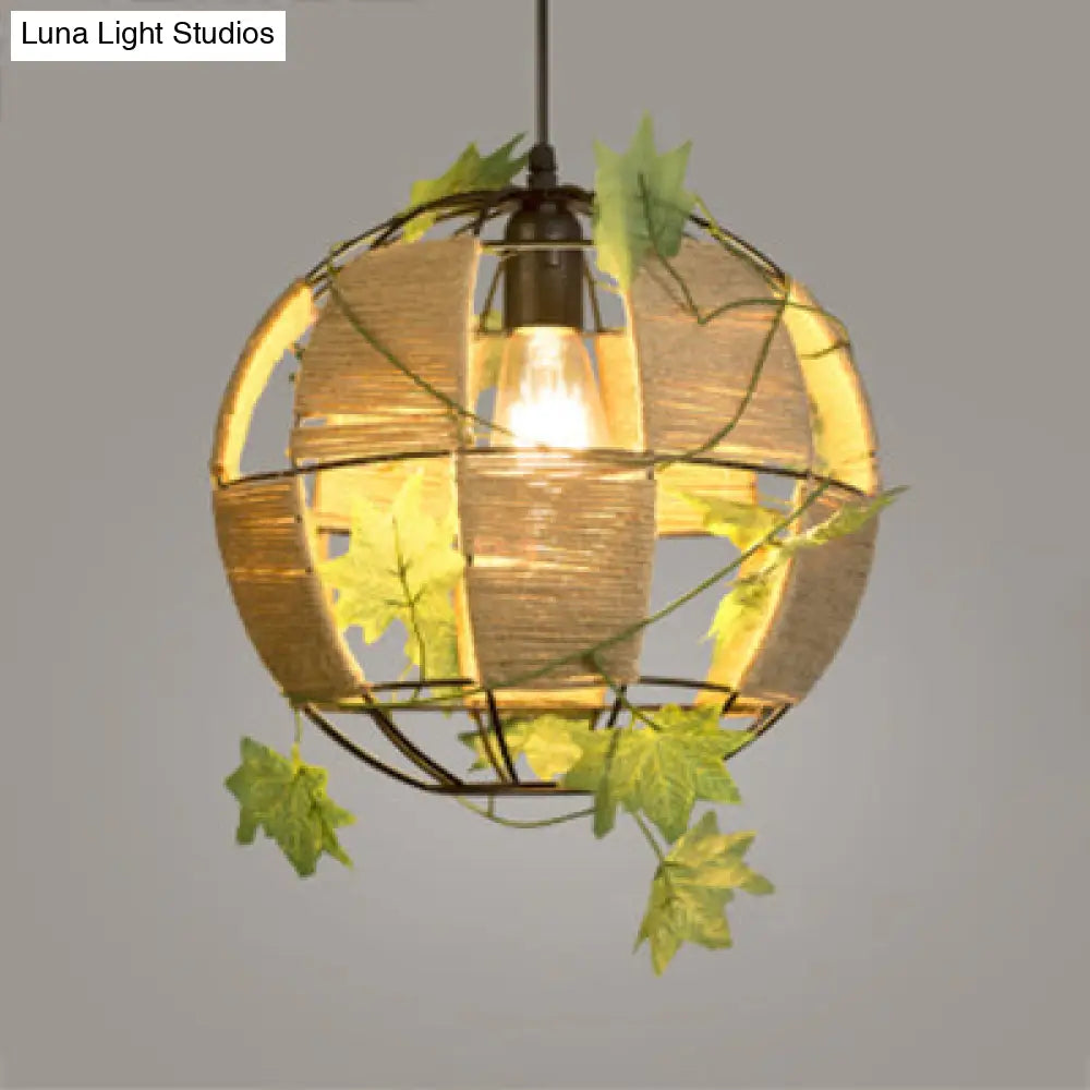 Global Cage Pendant Lamp With Rope And Metal 1 Head - Country Style Beige Hanging Light For