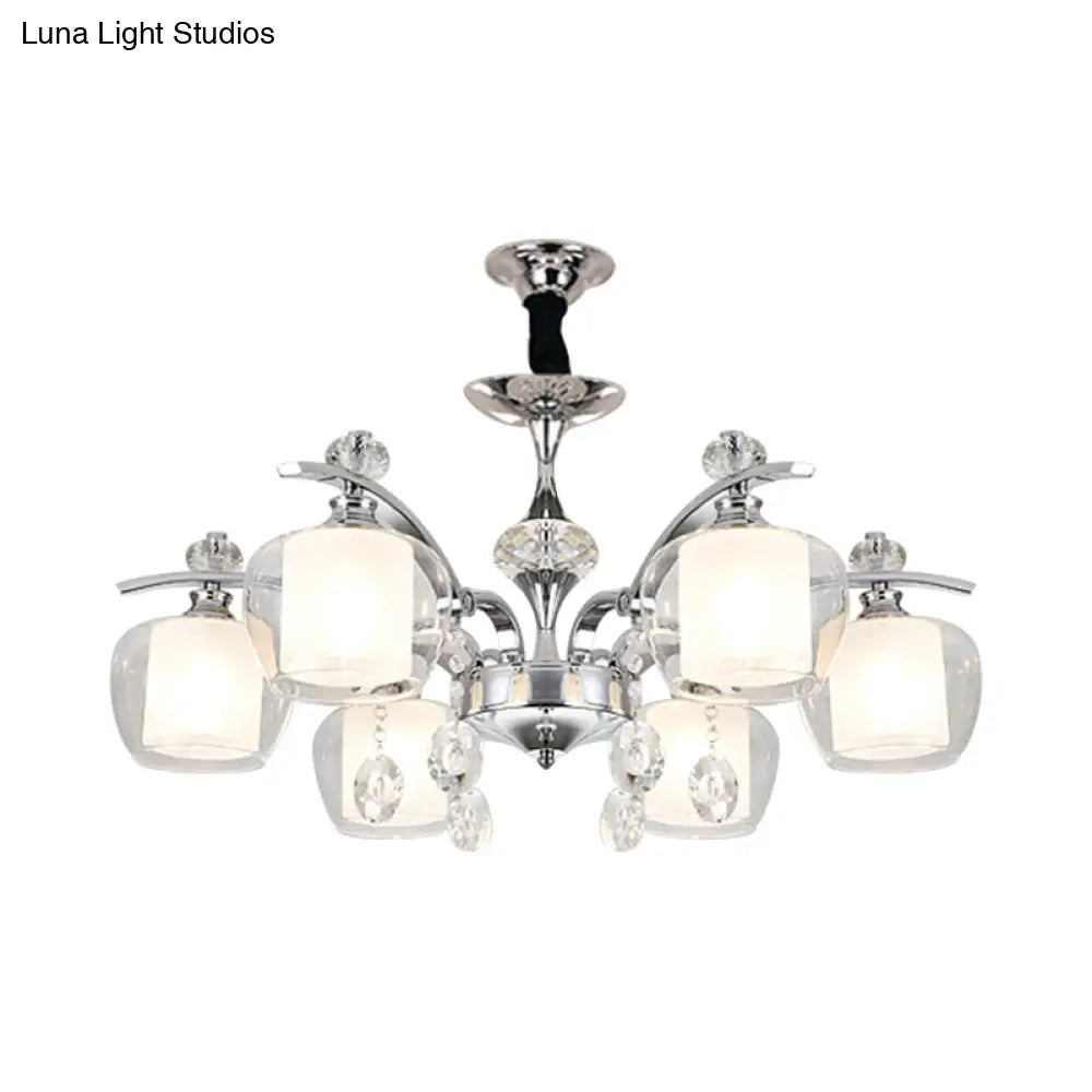 Global Clear Glass Chrome Chandelier With Crystal Strands - 6-Light Down Lighting Lamp