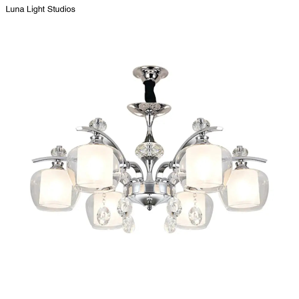 Chrome Chandelier Lamp With Crystal Strands - Clear Glass Global Down Lighting Simple Design 6-Light