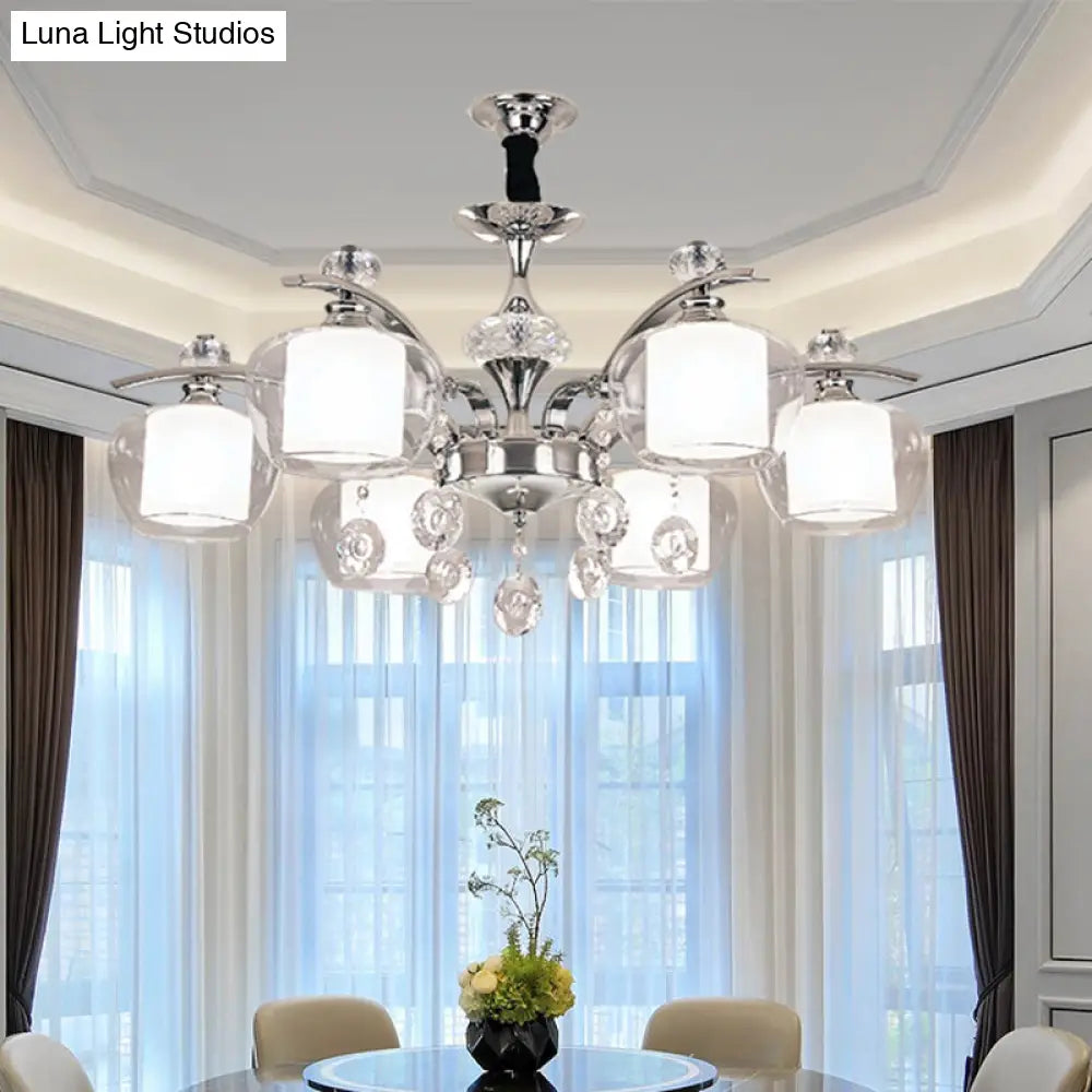 Chrome Chandelier Lamp With Crystal Strands - Clear Glass Global Down Lighting Simple Design 6-Light