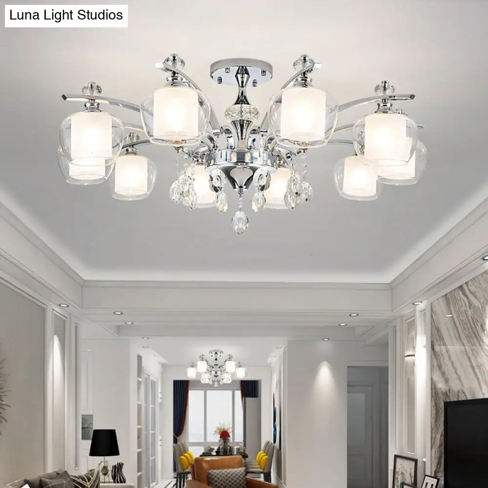 Chrome Chandelier Lamp With Crystal Strands - Clear Glass Global Down Lighting Simple Design 6-Light