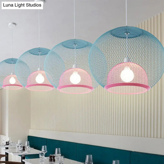 Global Mesh Restaurant Pendant Light - Metallic Single-Bulb Macaron Ceiling Fixture In Pink Yellow