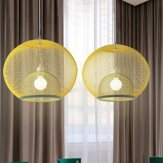 Global Mesh Restaurant Pendant Light - Metallic Single-Bulb Macaron Ceiling Fixture In Pink Yellow